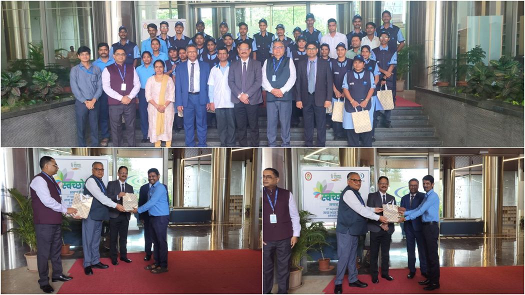 Shri Sristiraj Ambastha, CMD and Shri P L Thakur, ED (O) participated in distribution of PPE kits to sanitation workers under #SwachhataHiSeva2025 campaign at ECGC Bhawan, Mumbai.