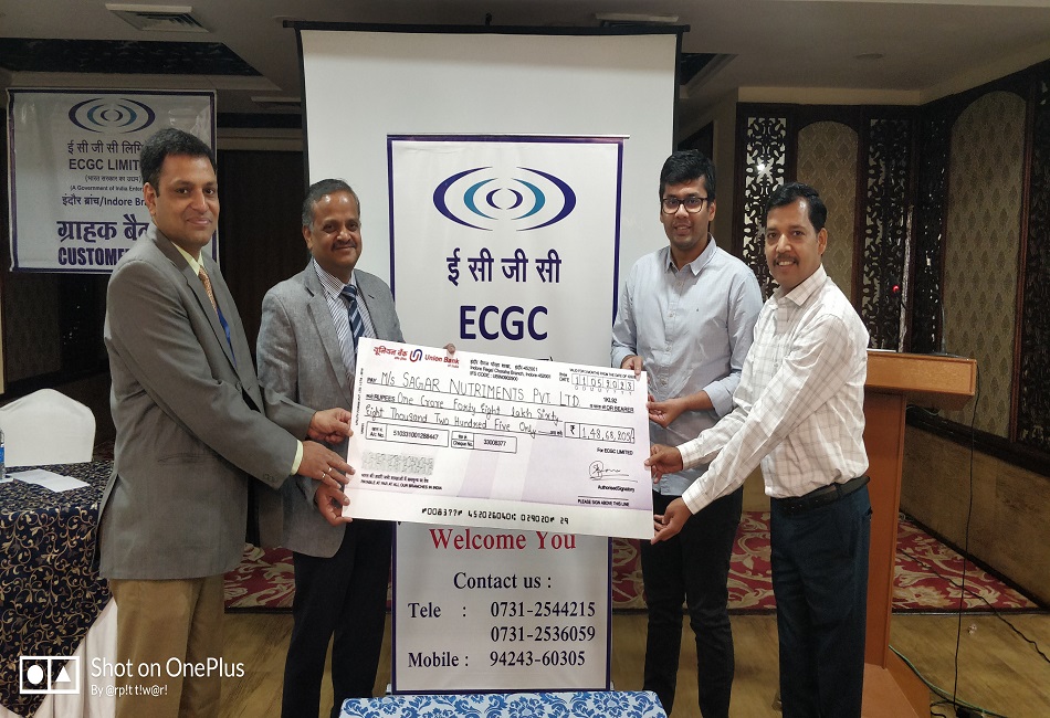Image for Indore Branch hands over Rs. 1.49 crore insurance cheque to M/s. Sagar Nutriments Pvt Ltd, Bhopal.