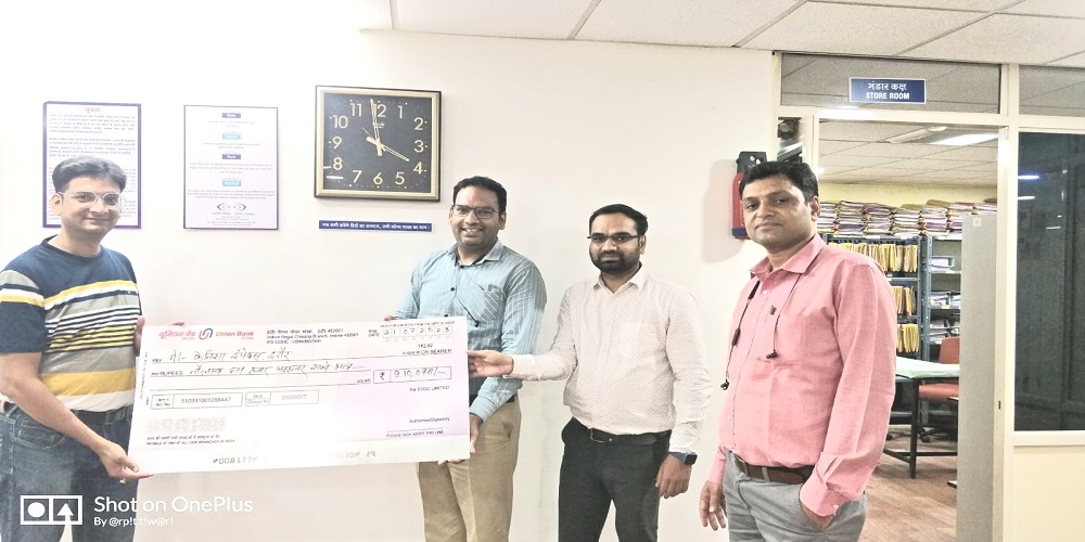 Image for Claim cheque of Rs. 9,10,078 issued to M/s. KENISHA IMPEX by ECGC Indore Branch on 21 July 2023.