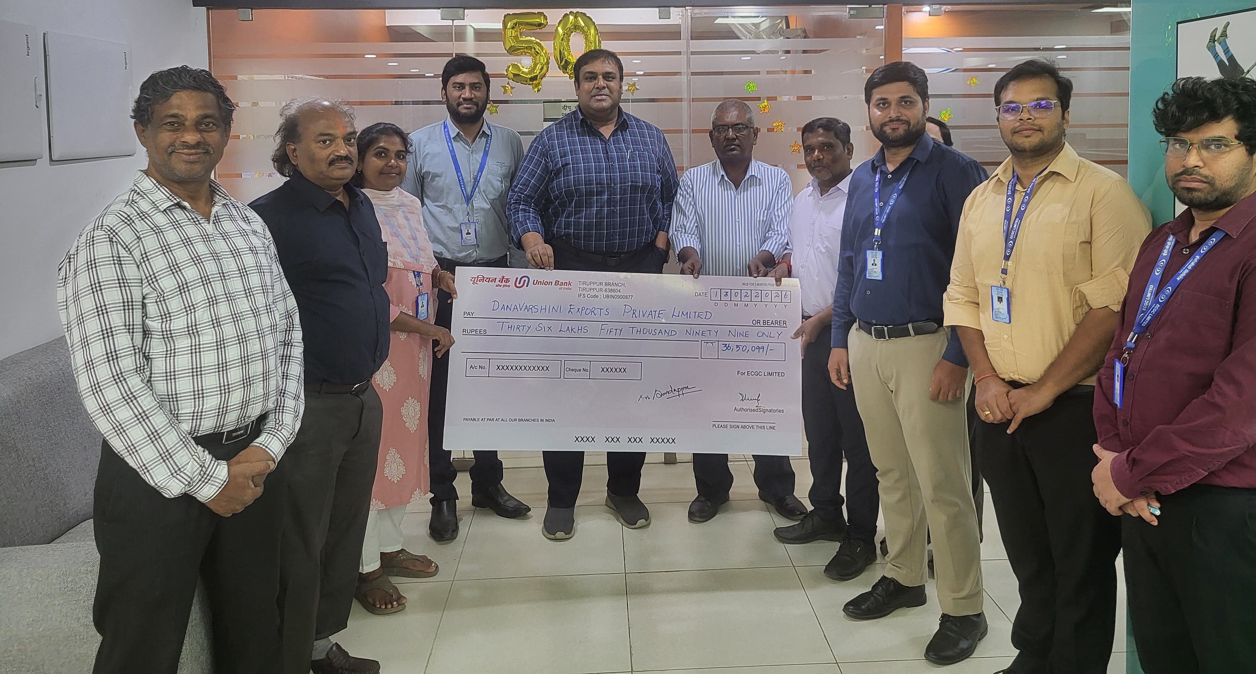 Claim of Rs. 36.50 lakhs was settled by Tirupur Branch to M/s. Danavarshini Exports Pvt. Ltd. on account of non-payment of buyer