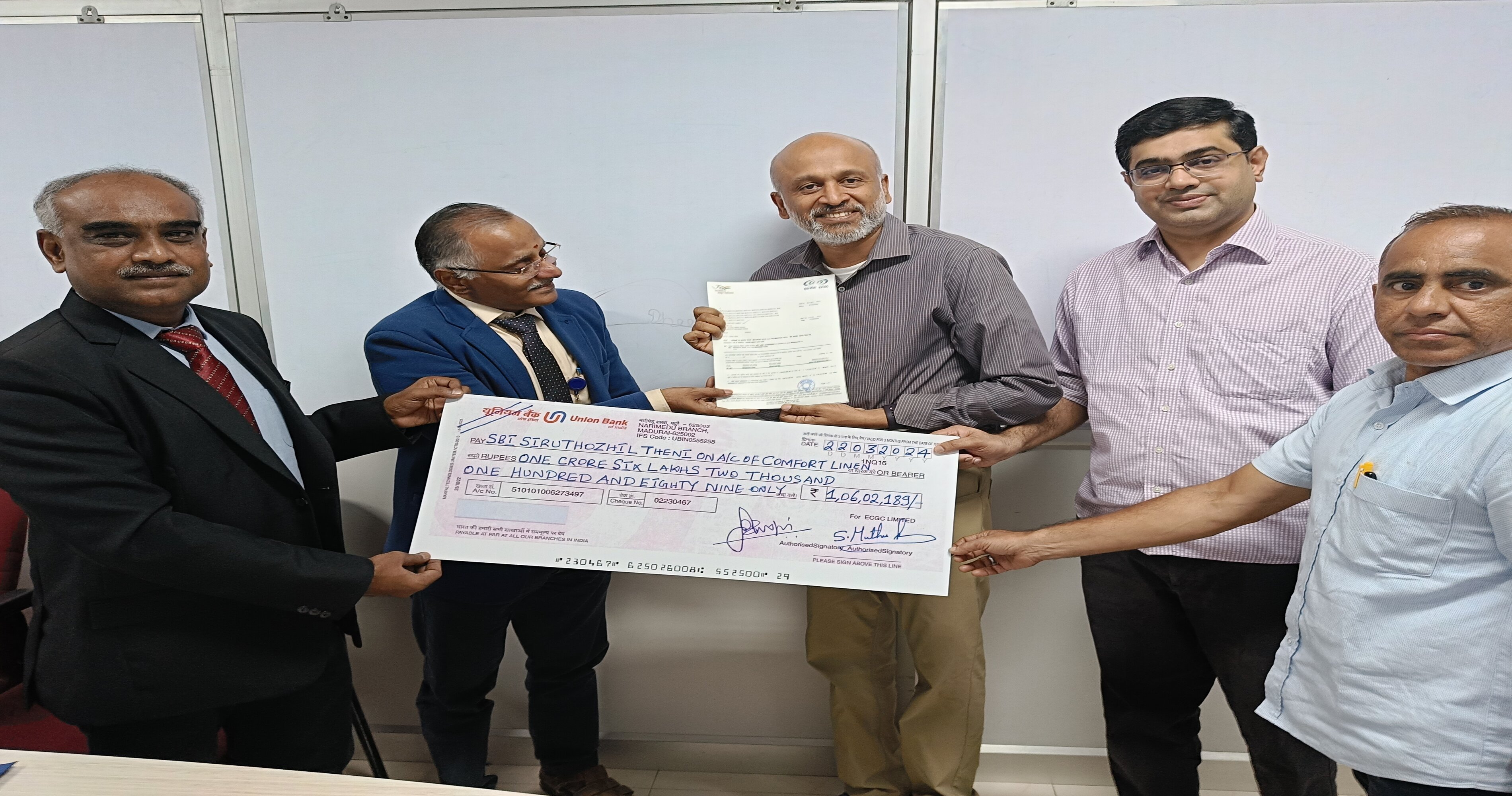 मदुरै शाखा ने 20/03/2024 को कम्फर्ट लिनन, थेनी को रुपये 1,06,02,189/- का पॉलिसी क्लेम का भुगतान किया।
