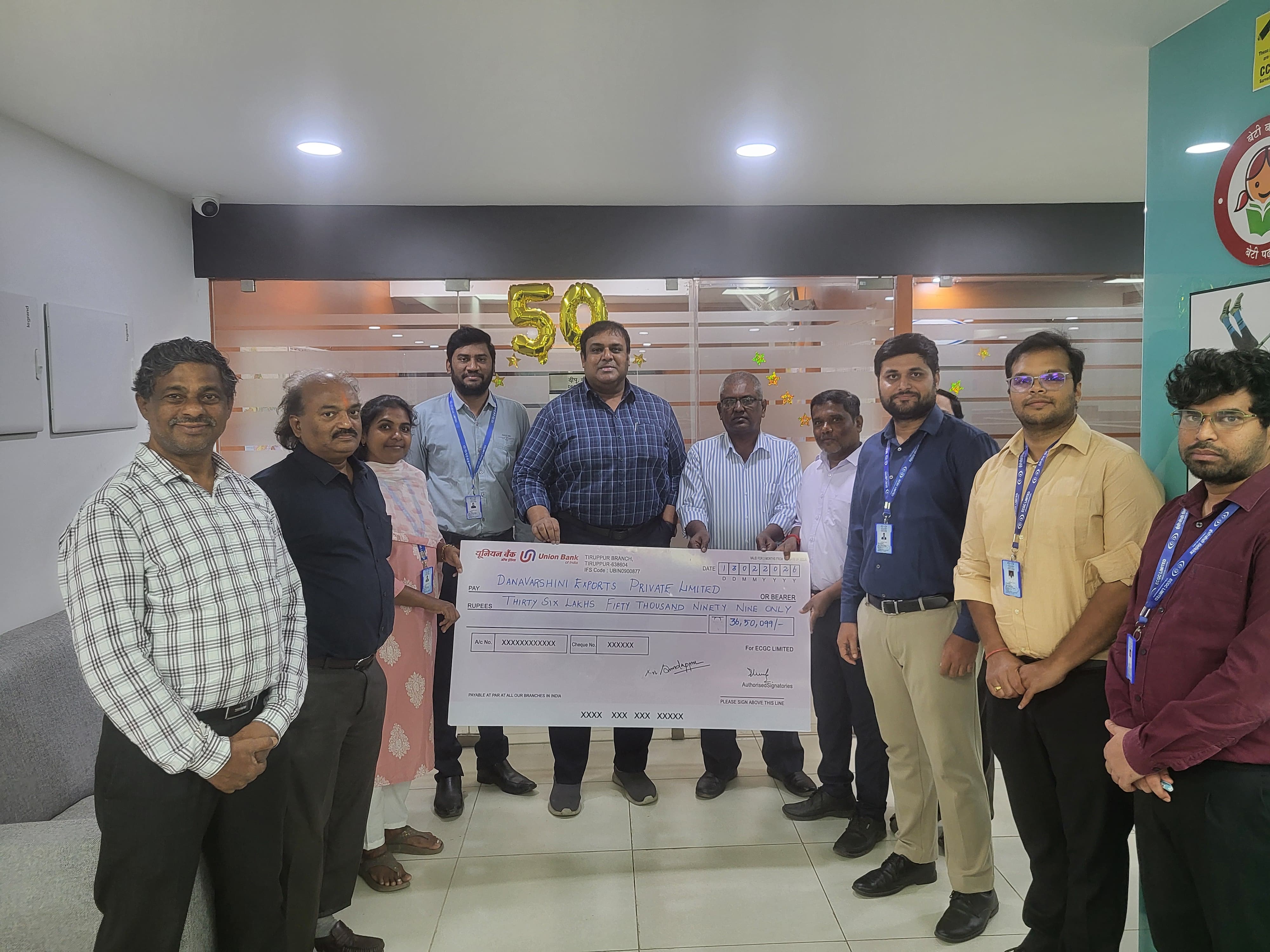खरीददार द्वारा भुगतान न किए जाने के कारण तिरुपुर शाखा द्वारा मेसर्स दनवार्षिनी एक्स्पोर्ट्स प्रा. लि. को ₹36.50 लाख का भुगतान किया गया